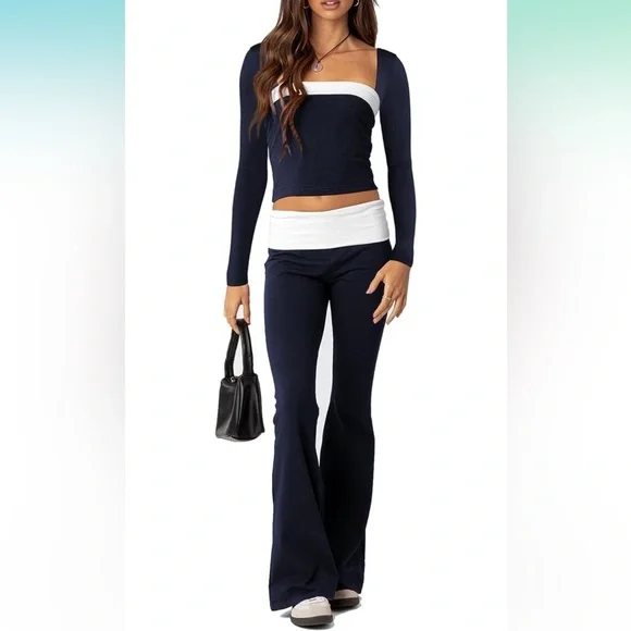 Amazon Y2K Navy and White Flare Pants fold over - Picture 2 of 9